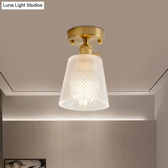 Clear Glass Single Light Gold Semi Flush Industrial Ceiling Lighting - Cone/Cylinder/Bell Corridor