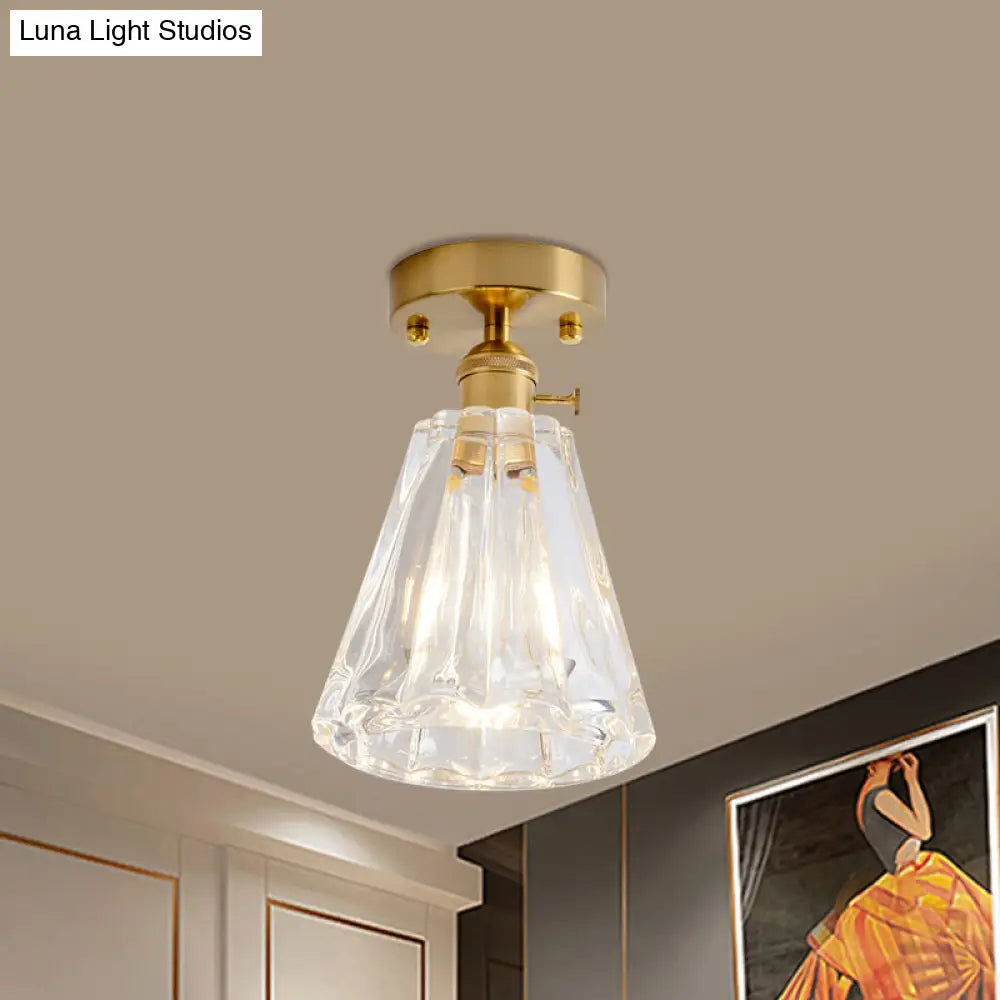 Clear Glass Single Light Gold Semi Flush Industrial Ceiling Lighting - Cone/Cylinder/Bell Corridor