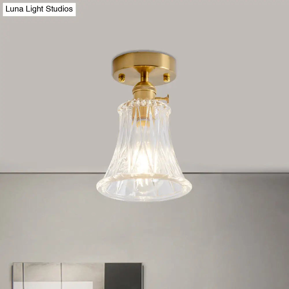 Clear Glass Single Light Gold Semi Flush Industrial Ceiling Lighting - Cone/Cylinder/Bell Corridor