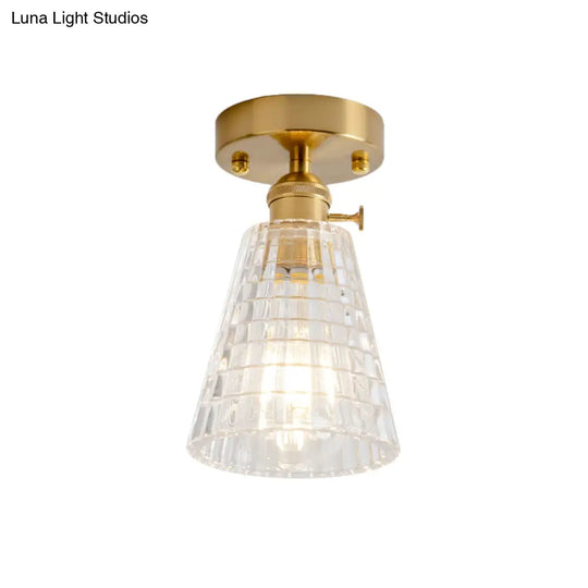 Clear Glass Single Light Gold Semi Flush Industrial Ceiling Lighting - Cone/Cylinder/Bell Corridor