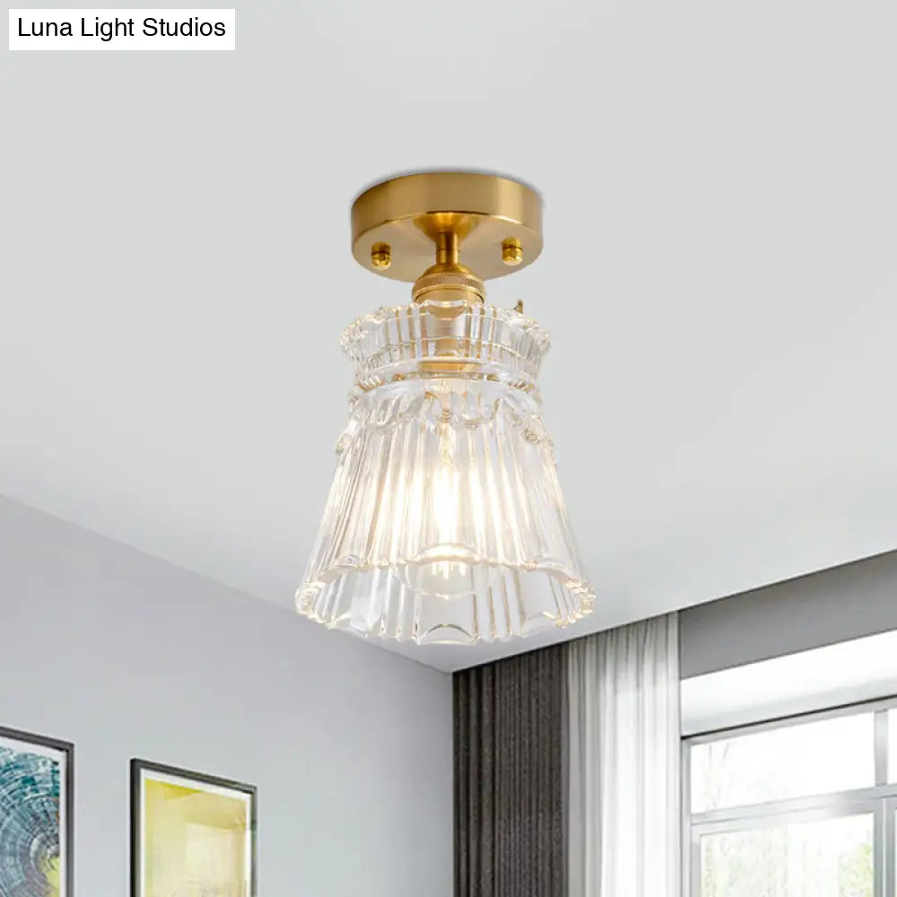 Clear Glass Single Light Gold Semi Flush Industrial Ceiling Lighting - Cone/Cylinder/Bell Corridor