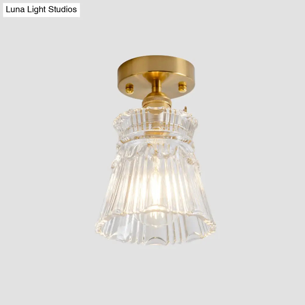 Clear Glass Single Light Gold Semi Flush Industrial Ceiling Lighting - Cone/Cylinder/Bell Corridor