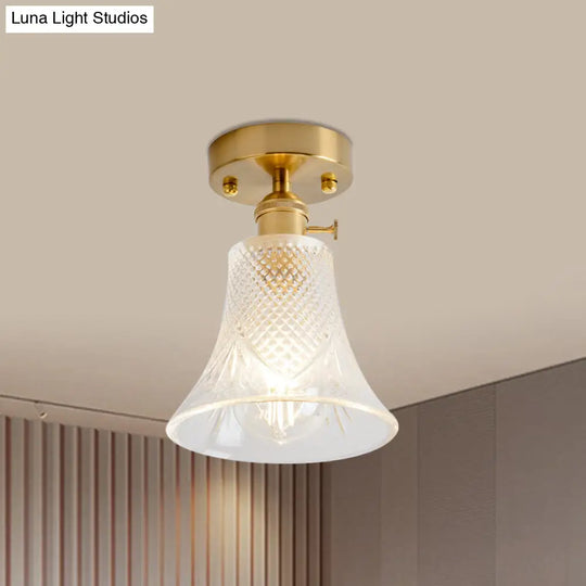 Clear Glass Single Light Gold Semi Flush Industrial Ceiling Lighting - Cone/Cylinder/Bell Corridor /