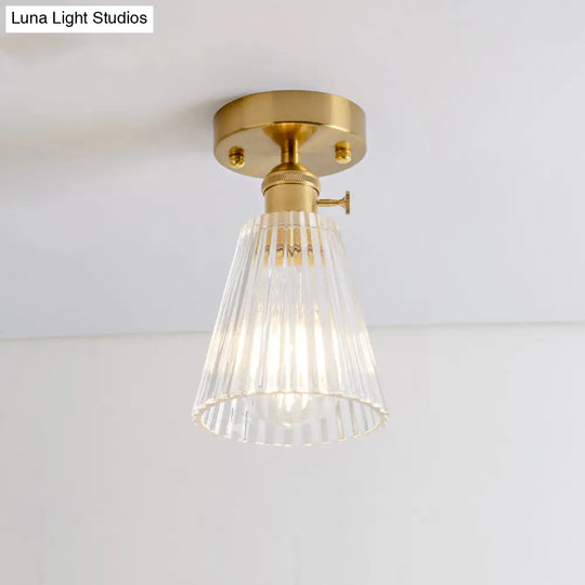 Clear Glass Single Light Gold Semi Flush Industrial Ceiling Lighting - Cone/Cylinder/Bell Corridor