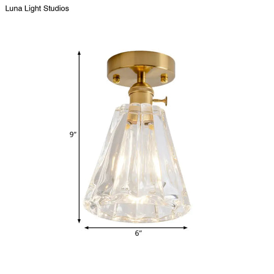 Clear Glass Single Light Gold Semi Flush Industrial Ceiling Lighting - Cone/Cylinder/Bell Corridor