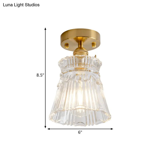 Clear Glass Single Light Gold Semi Flush Industrial Ceiling Lighting - Cone/Cylinder/Bell Corridor