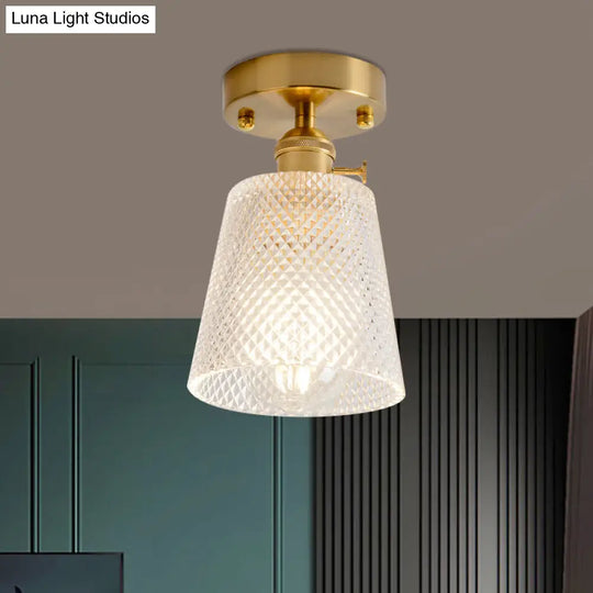 Clear Glass Single Light Gold Semi Flush Industrial Ceiling Lighting - Cone/Cylinder/Bell Corridor /