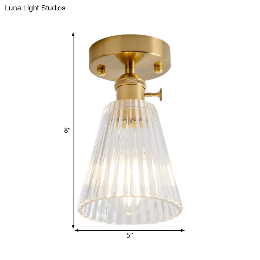 Clear Glass Single Light Gold Semi Flush Industrial Ceiling Lighting - Cone/Cylinder/Bell Corridor