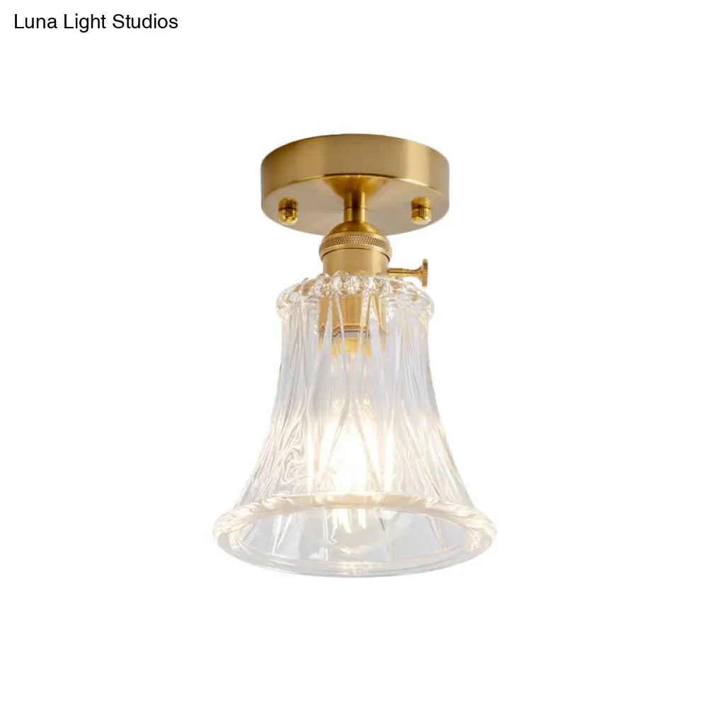 Clear Glass Single Light Gold Semi Flush Industrial Ceiling Lighting - Cone/Cylinder/Bell Corridor