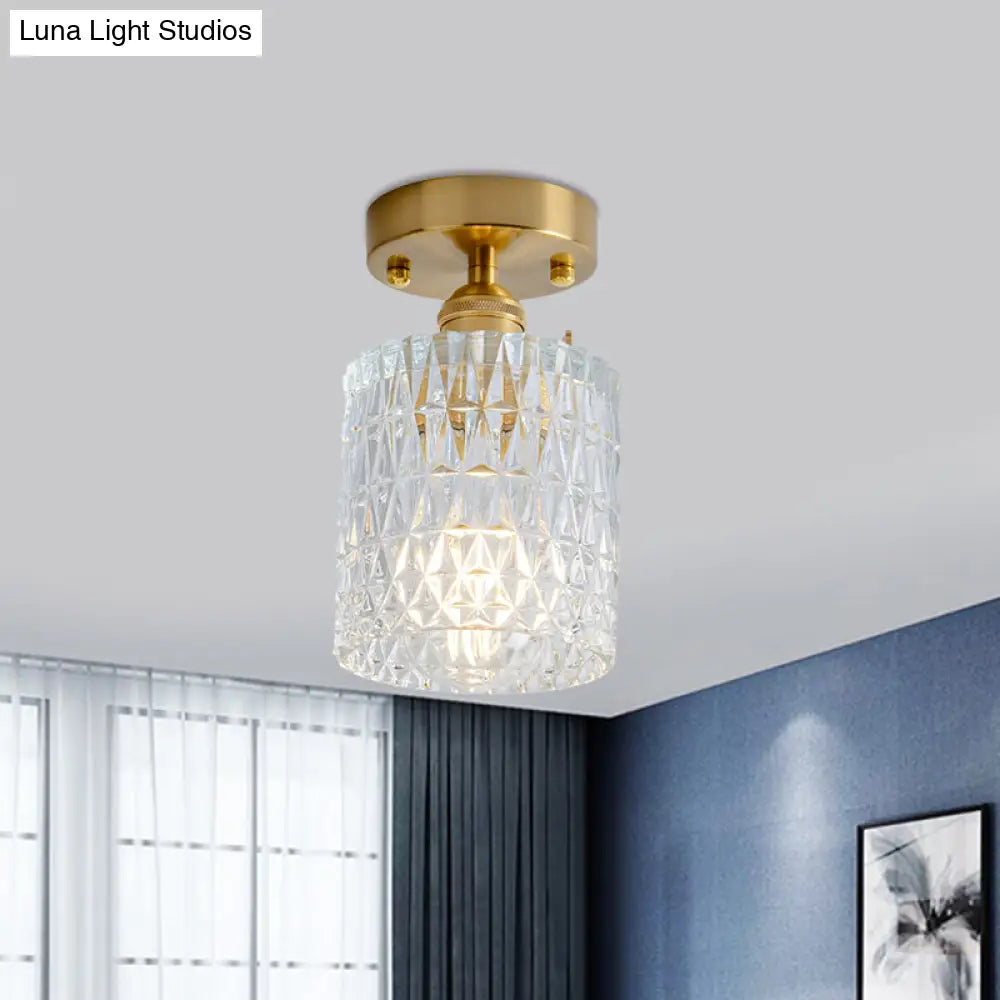 Clear Glass Single Light Gold Semi Flush Industrial Ceiling Lighting - Cone/Cylinder/Bell Corridor