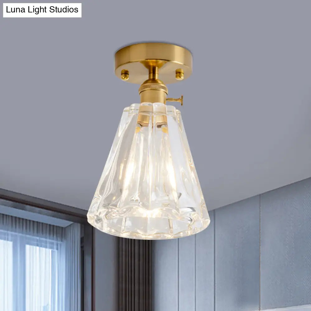 Clear Glass Single Light Gold Semi Flush Industrial Ceiling Lighting - Cone/Cylinder/Bell Corridor