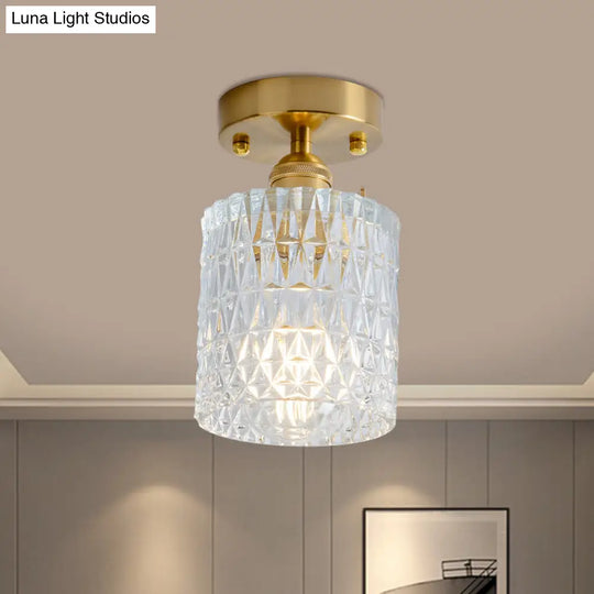 Clear Glass Single Light Gold Semi Flush Industrial Ceiling Lighting - Cone/Cylinder/Bell Corridor /