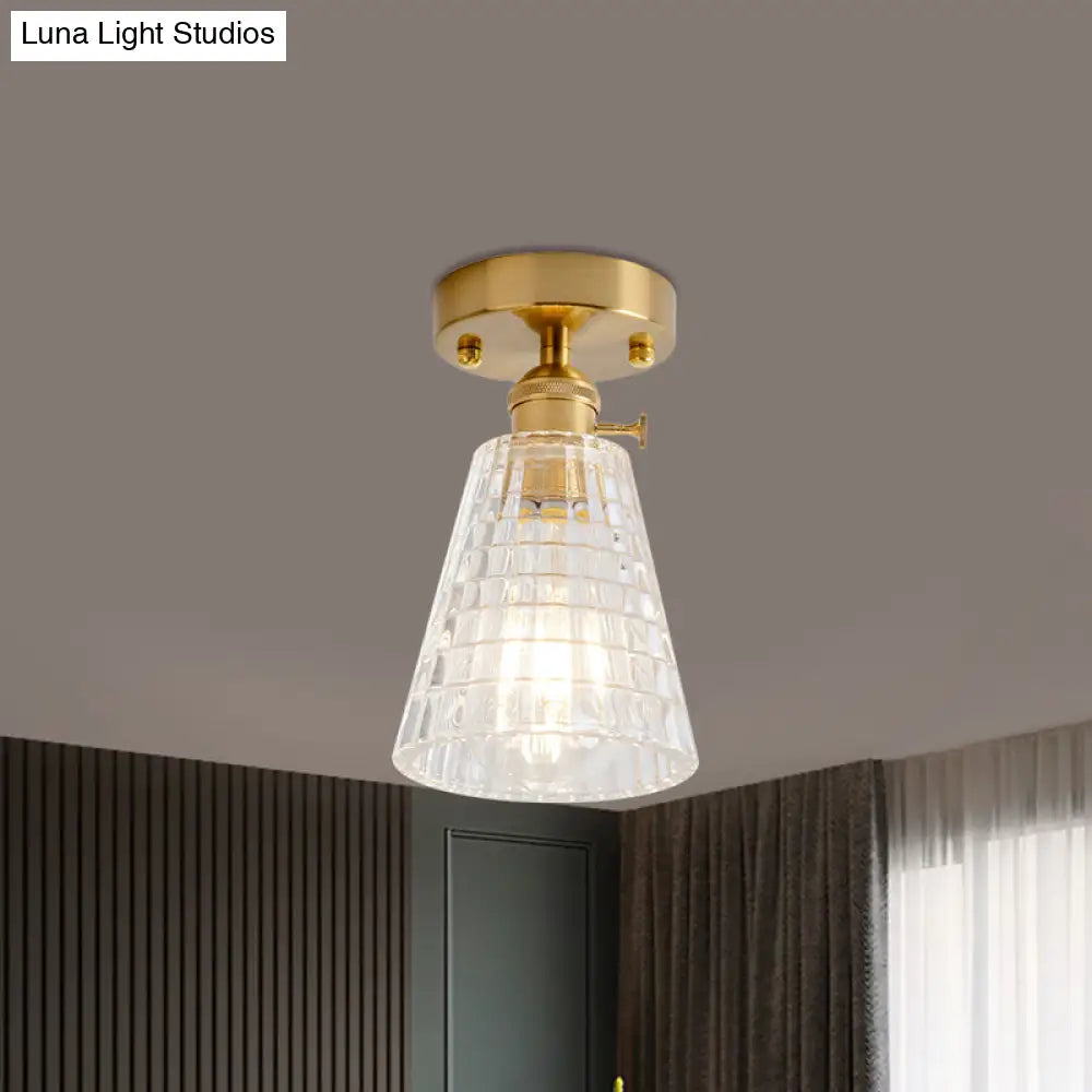 Clear Glass Single Light Gold Semi Flush Industrial Ceiling Lighting - Cone/Cylinder/Bell Corridor