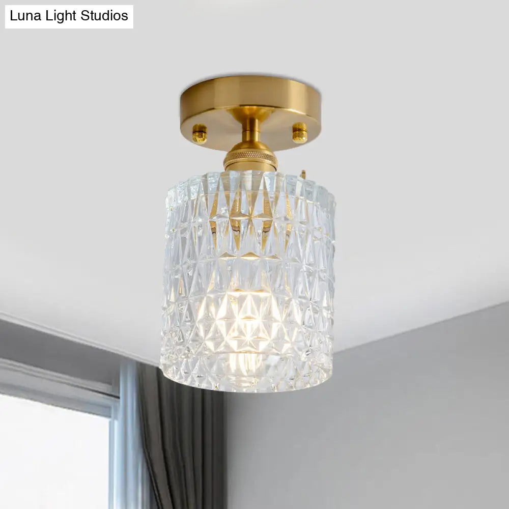 Clear Glass Single Light Gold Semi Flush Industrial Ceiling Lighting - Cone/Cylinder/Bell Corridor