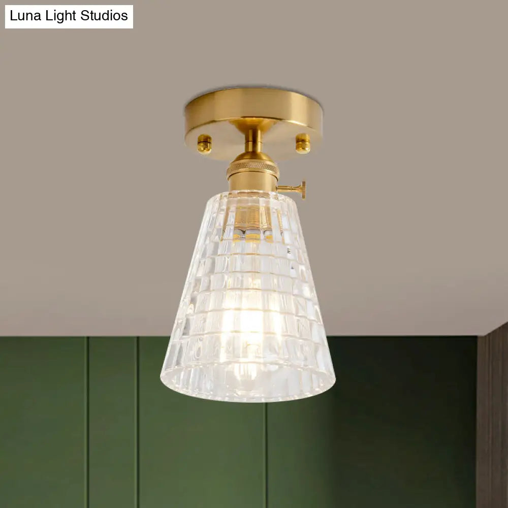 Clear Glass Single Light Gold Semi Flush Industrial Ceiling Lighting - Cone/Cylinder/Bell Corridor /