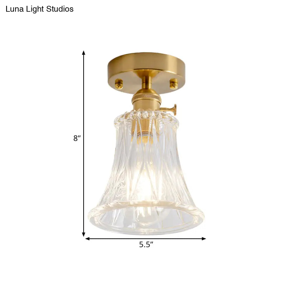 Clear Glass Single Light Gold Semi Flush Industrial Ceiling Lighting - Cone/Cylinder/Bell Corridor