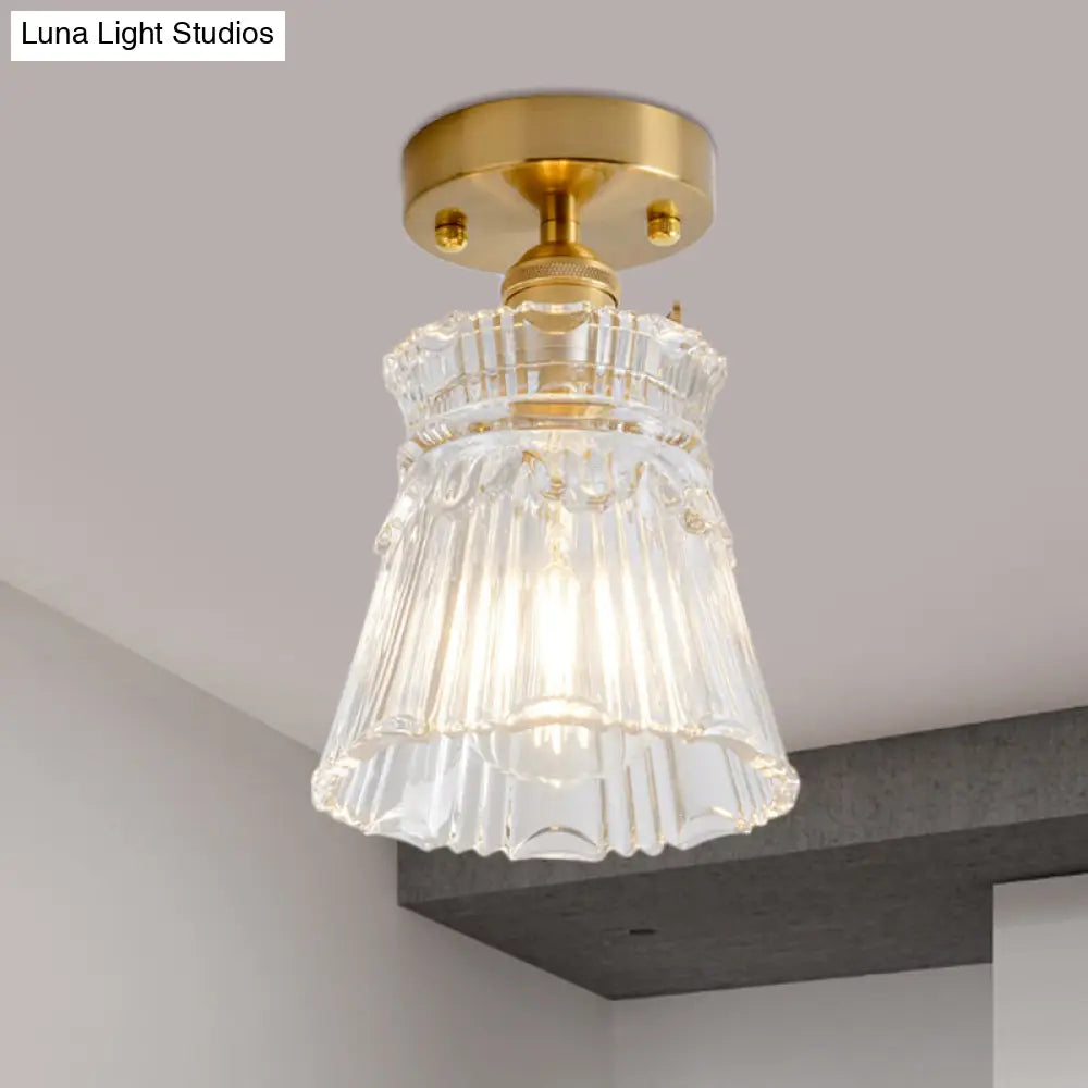 Clear Glass Single Light Gold Semi Flush Industrial Ceiling Lighting - Cone/Cylinder/Bell Corridor /