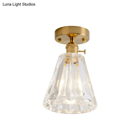 Clear Glass Single Light Gold Semi Flush Industrial Ceiling Lighting - Cone/Cylinder/Bell Corridor