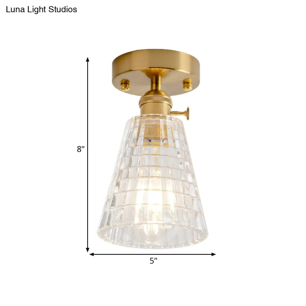 Clear Glass Single Light Gold Semi Flush Industrial Ceiling Lighting - Cone/Cylinder/Bell Corridor