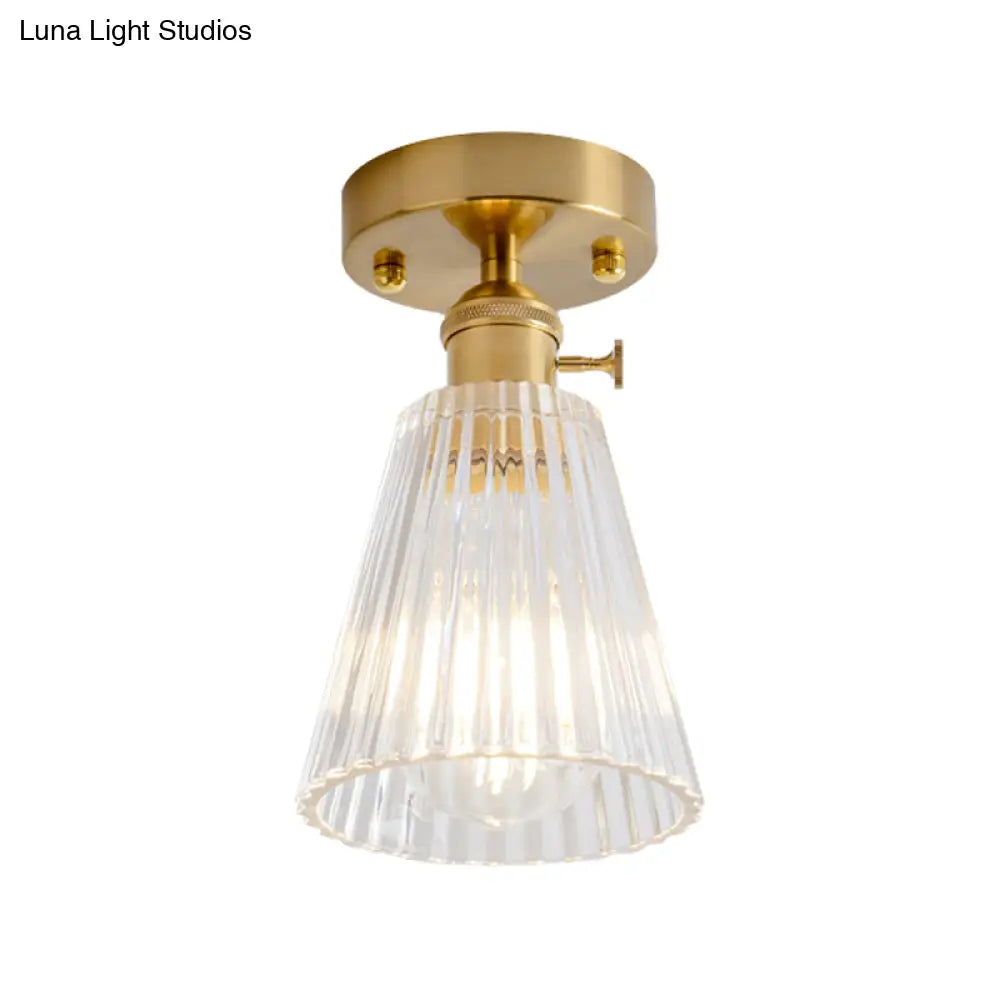 Clear Glass Single Light Gold Semi Flush Industrial Ceiling Lighting - Cone/Cylinder/Bell Corridor