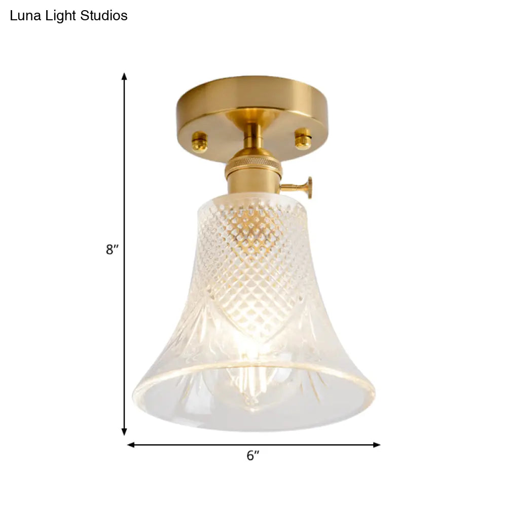 Clear Glass Single Light Gold Semi Flush Industrial Ceiling Lighting - Cone/Cylinder/Bell Corridor