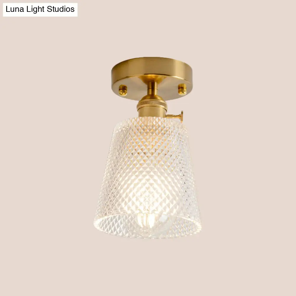 Clear Glass Single Light Gold Semi Flush Industrial Ceiling Lighting - Cone/Cylinder/Bell Corridor