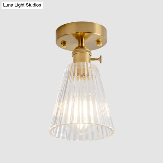 Clear Glass Single Light Gold Semi Flush Industrial Ceiling Lighting - Cone/Cylinder/Bell Corridor