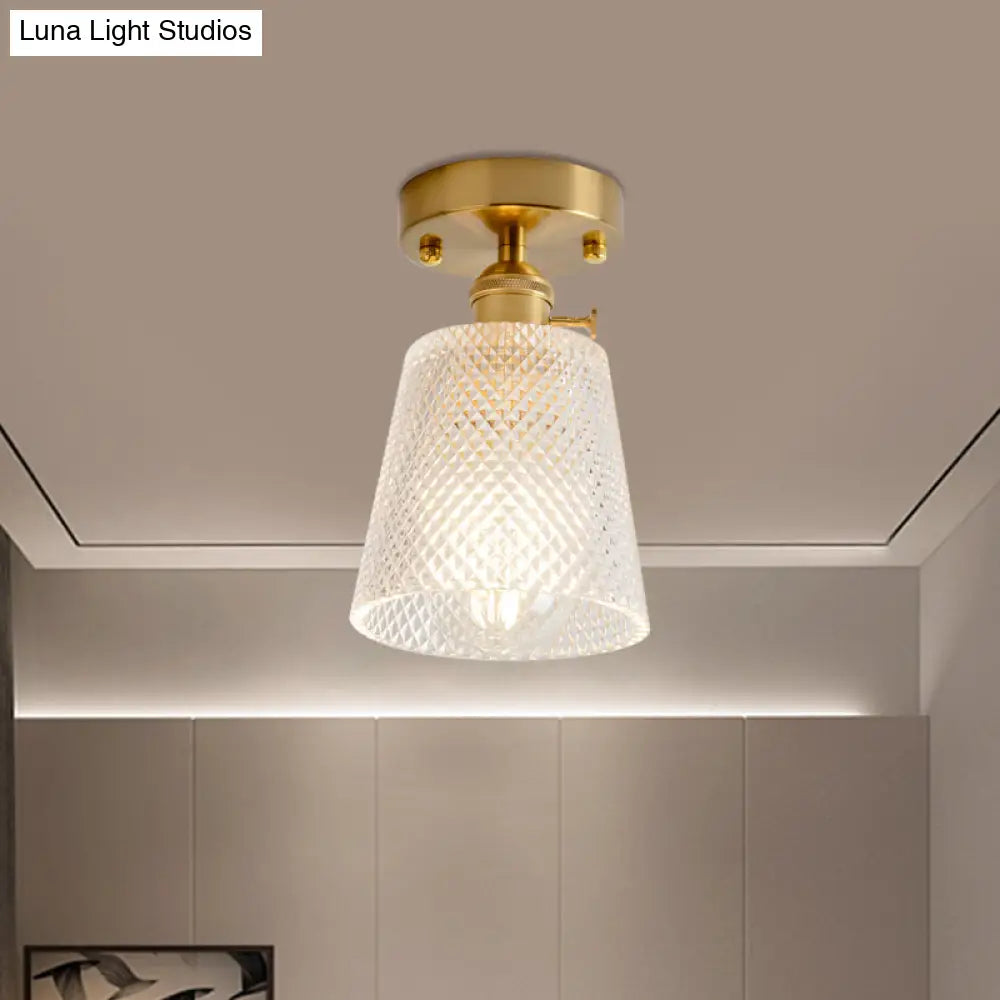 Clear Glass Single Light Gold Semi Flush Industrial Ceiling Lighting - Cone/Cylinder/Bell Corridor