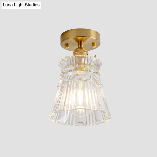 Clear Glass Single Light Gold Semi Flush Industrial Ceiling Lighting - Cone/Cylinder/Bell Corridor