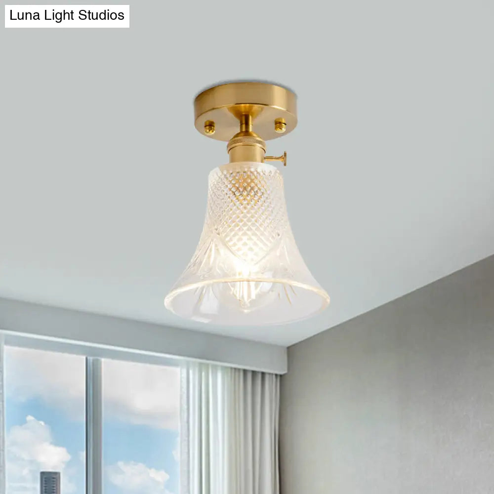 Clear Glass Single Light Gold Semi Flush Industrial Ceiling Lighting - Cone/Cylinder/Bell Corridor