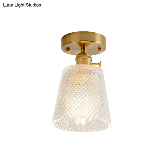 Clear Glass Single Light Gold Semi Flush Industrial Ceiling Lighting - Cone/Cylinder/Bell Corridor