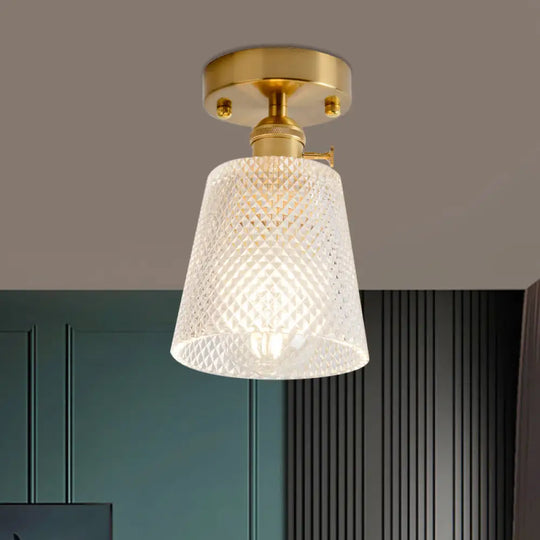 Clear Glass Single Light Gold Semi Flush Industrial Ceiling Lighting - Cone/Cylinder/Bell Corridor