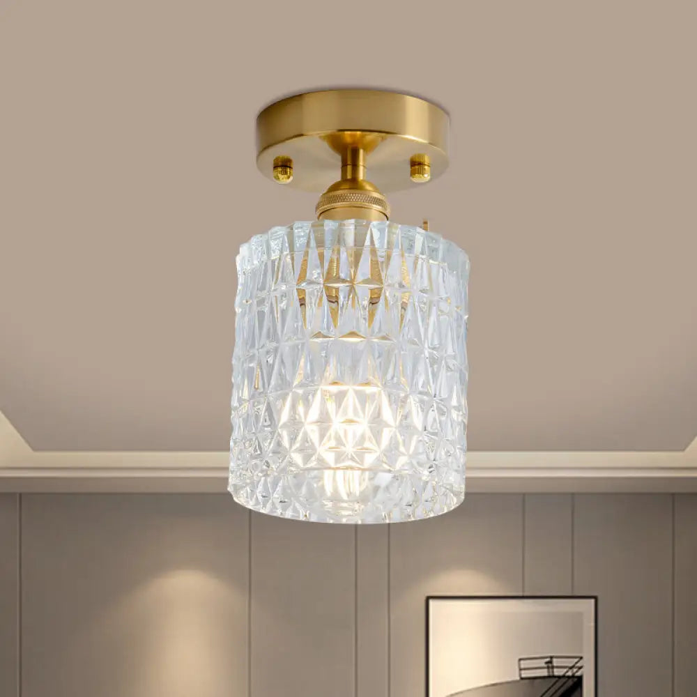 Clear Glass Single Light Gold Semi Flush Industrial Ceiling Lighting - Cone/Cylinder/Bell Corridor