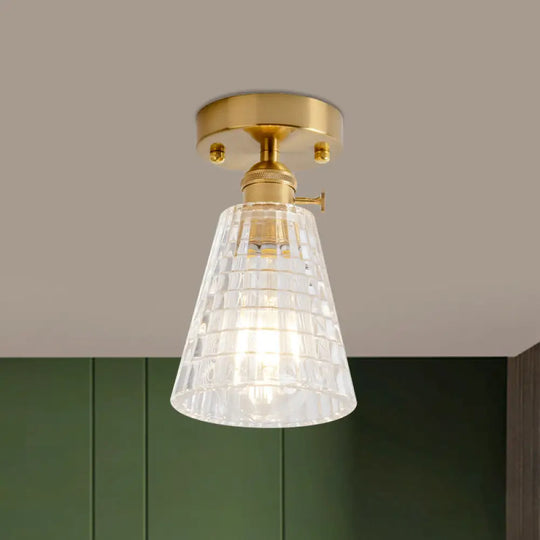 Clear Glass Single Light Gold Semi Flush Industrial Ceiling Lighting - Cone/Cylinder/Bell Corridor