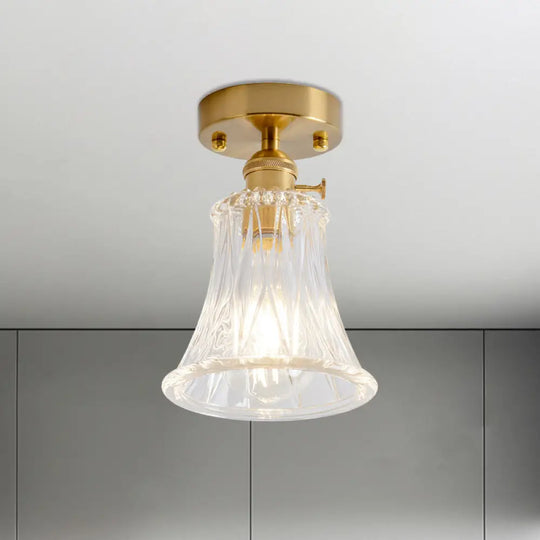 Clear Glass Single Light Gold Semi Flush Industrial Ceiling Lighting - Cone/Cylinder/Bell Corridor