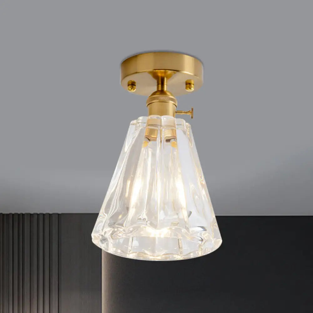 Clear Glass Single Light Gold Semi Flush Industrial Ceiling Lighting - Cone/Cylinder/Bell Corridor