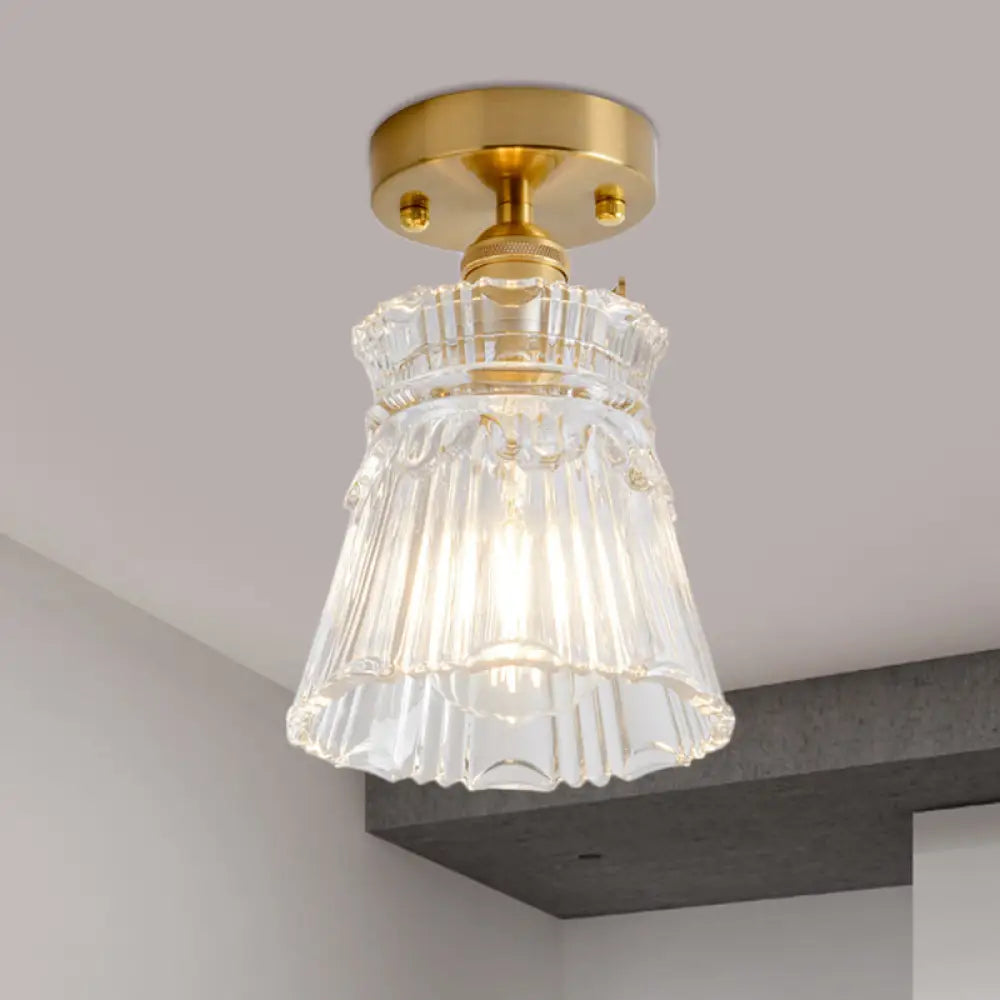 Clear Glass Single Light Gold Semi Flush Industrial Ceiling Lighting - Cone/Cylinder/Bell Corridor