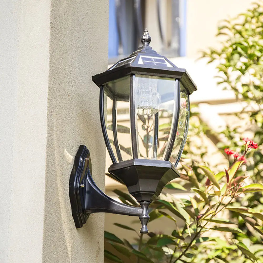 Clear Glass Solar Wall Mount Light With Retro Bell Shape - Led Courtyard Lighting Black /