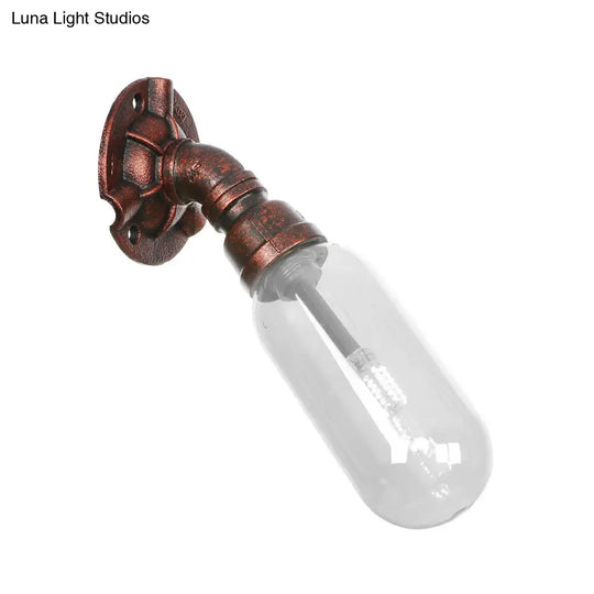 Clear Glass Wall Sconce In Weathered Copper With Pipe Design - Perfect For Loft Dining Rooms