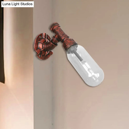 Clear Glass Wall Sconce In Weathered Copper With Pipe Design - Perfect For Loft Dining Rooms