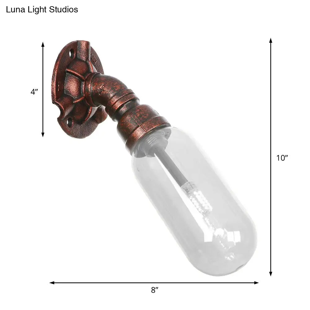 Clear Glass Wall Sconce In Weathered Copper With Pipe Design - Perfect For Loft Dining Rooms