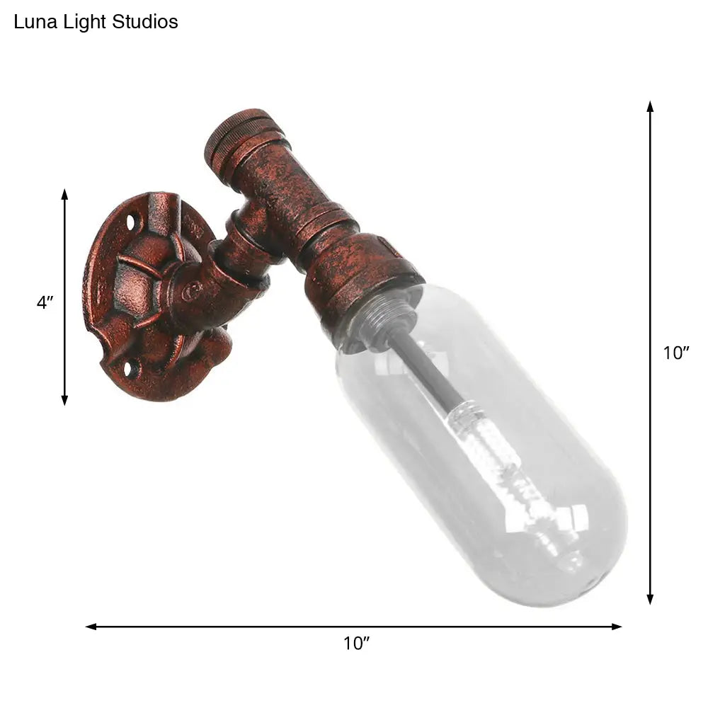 Clear Glass Wall Sconce In Weathered Copper With Pipe Design - Perfect For Loft Dining Rooms