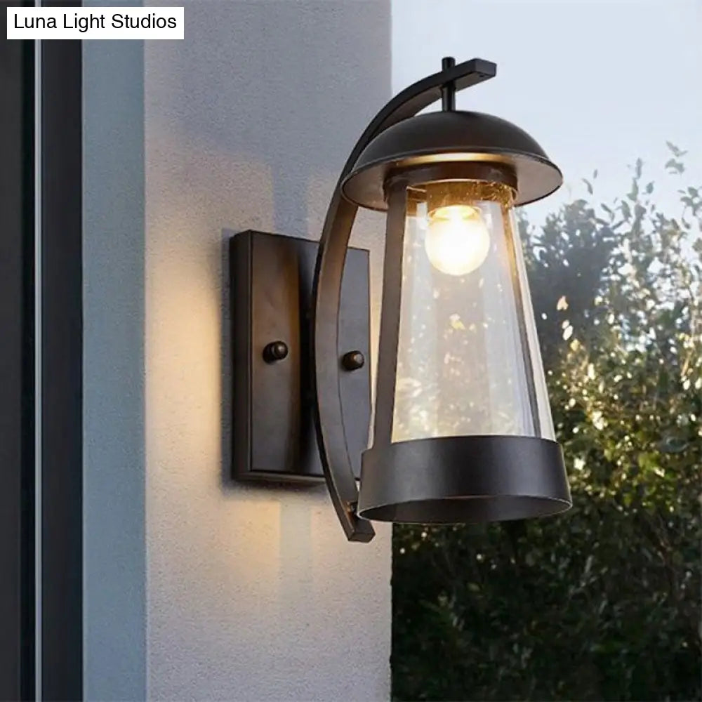 Clear Glass Wall Sconce - Industrial Black Cone Outdoor Lighting Fixture