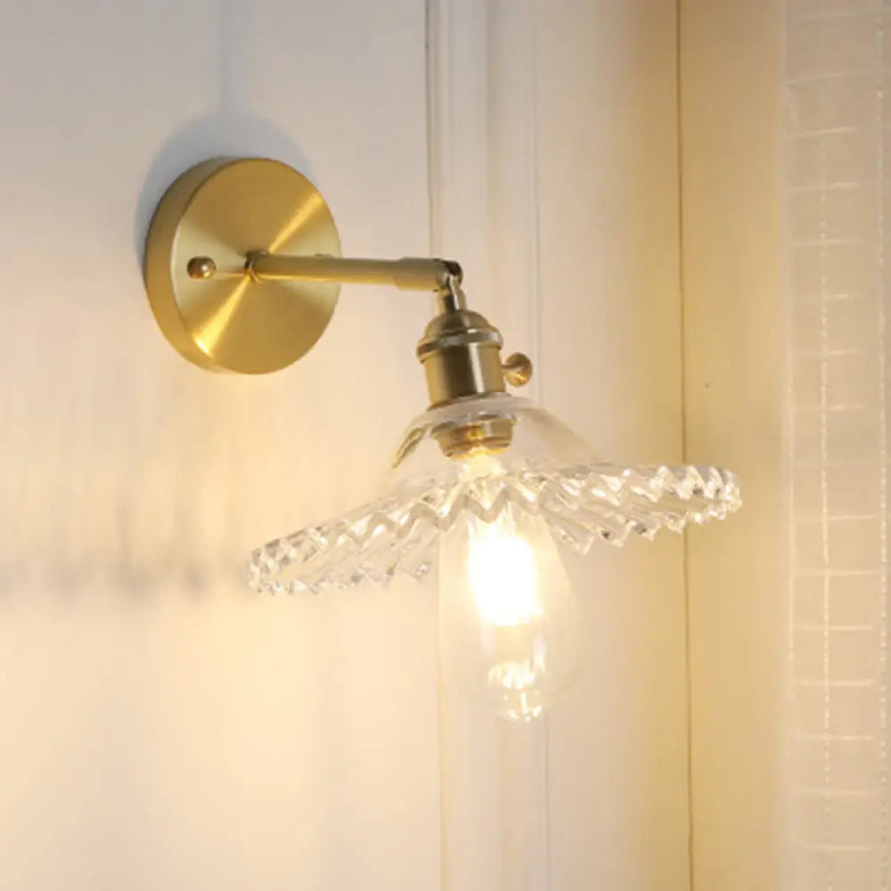 Clear Glass Wall Sconce - Industrial Brass Scalloped Design Living Room Lighting Fixture