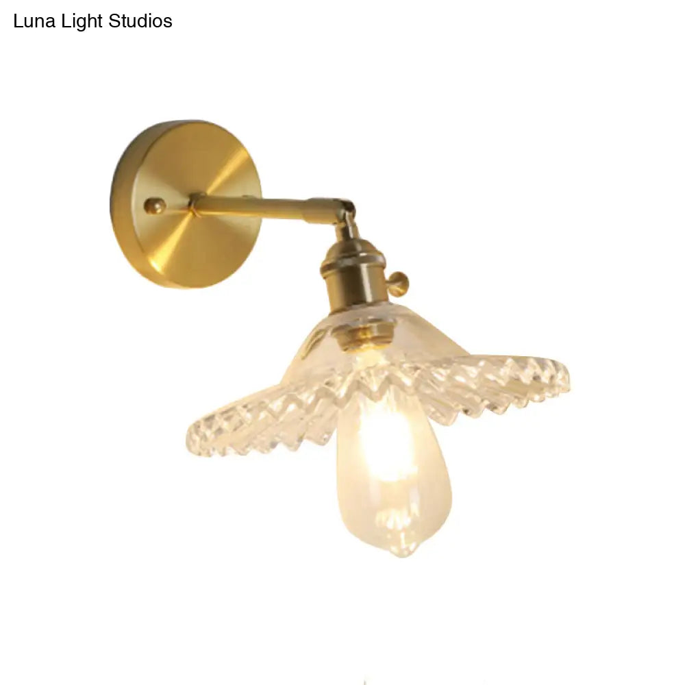 Clear Glass Wall Sconce - Industrial Brass Scalloped Design Living Room Lighting Fixture