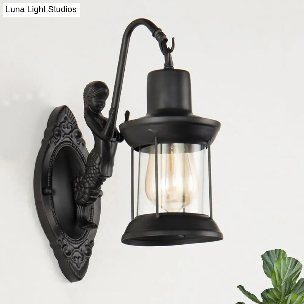 Clear Glass Wall Sconce Light With Mermaid Decoration - Industrial Black Lantern For Outdoor