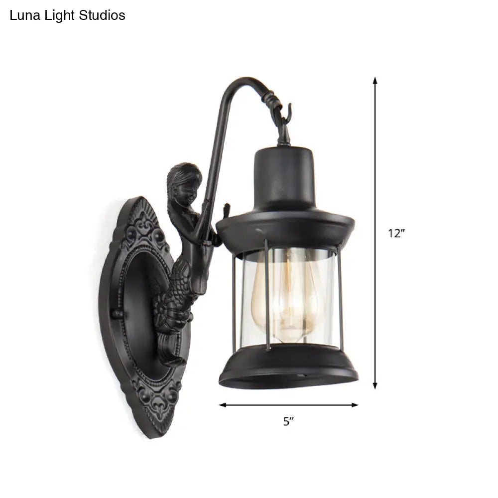 Clear Glass Wall Sconce Light With Mermaid Decoration - Industrial Black Lantern For Outdoor