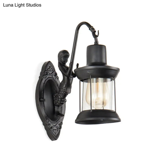 Clear Glass Wall Sconce Light With Mermaid Decoration - Industrial Black Lantern For Outdoor