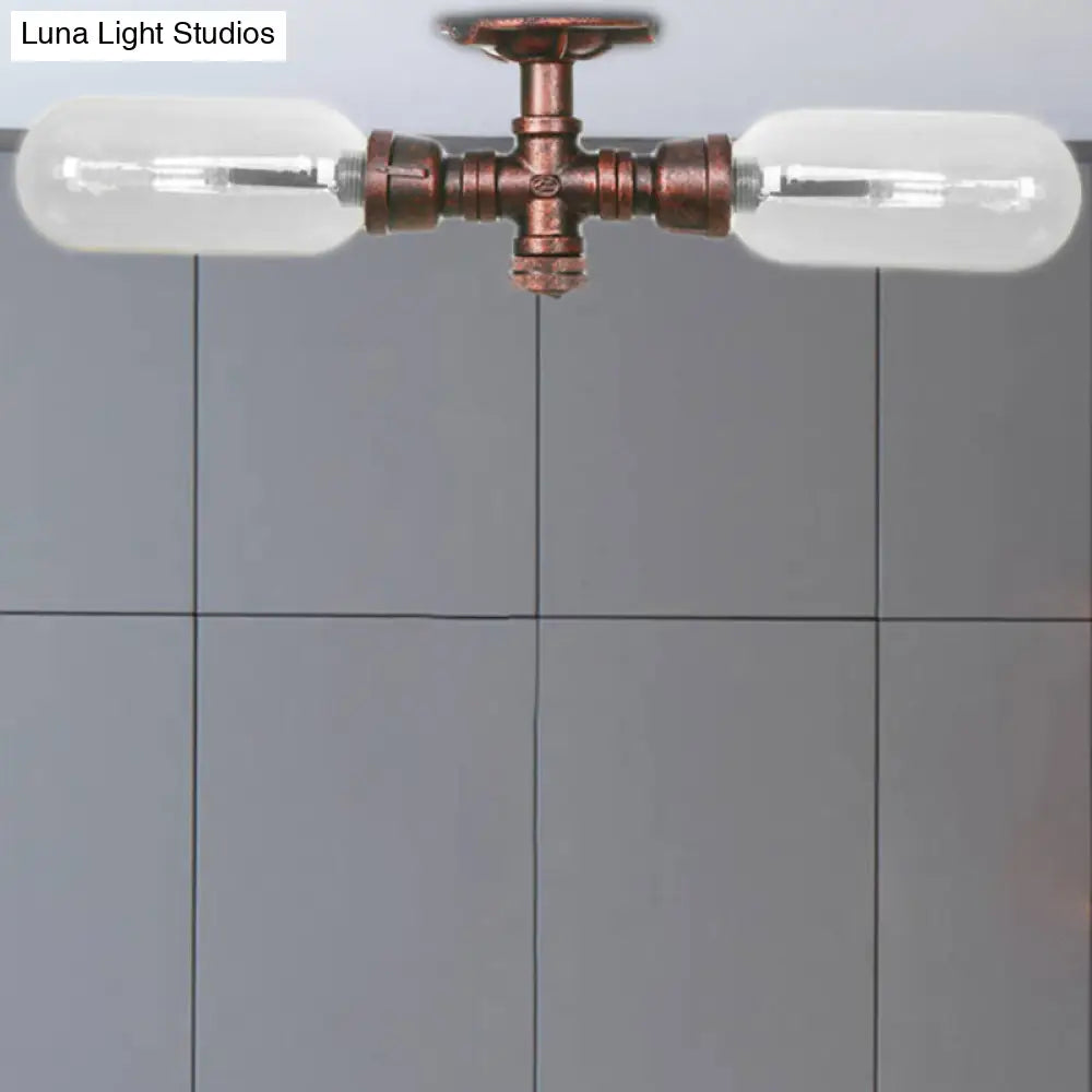 Clear Glass Weathered Copper Ceiling Lighting - Industrial Semi Flush With Pipe Design 2 Lights