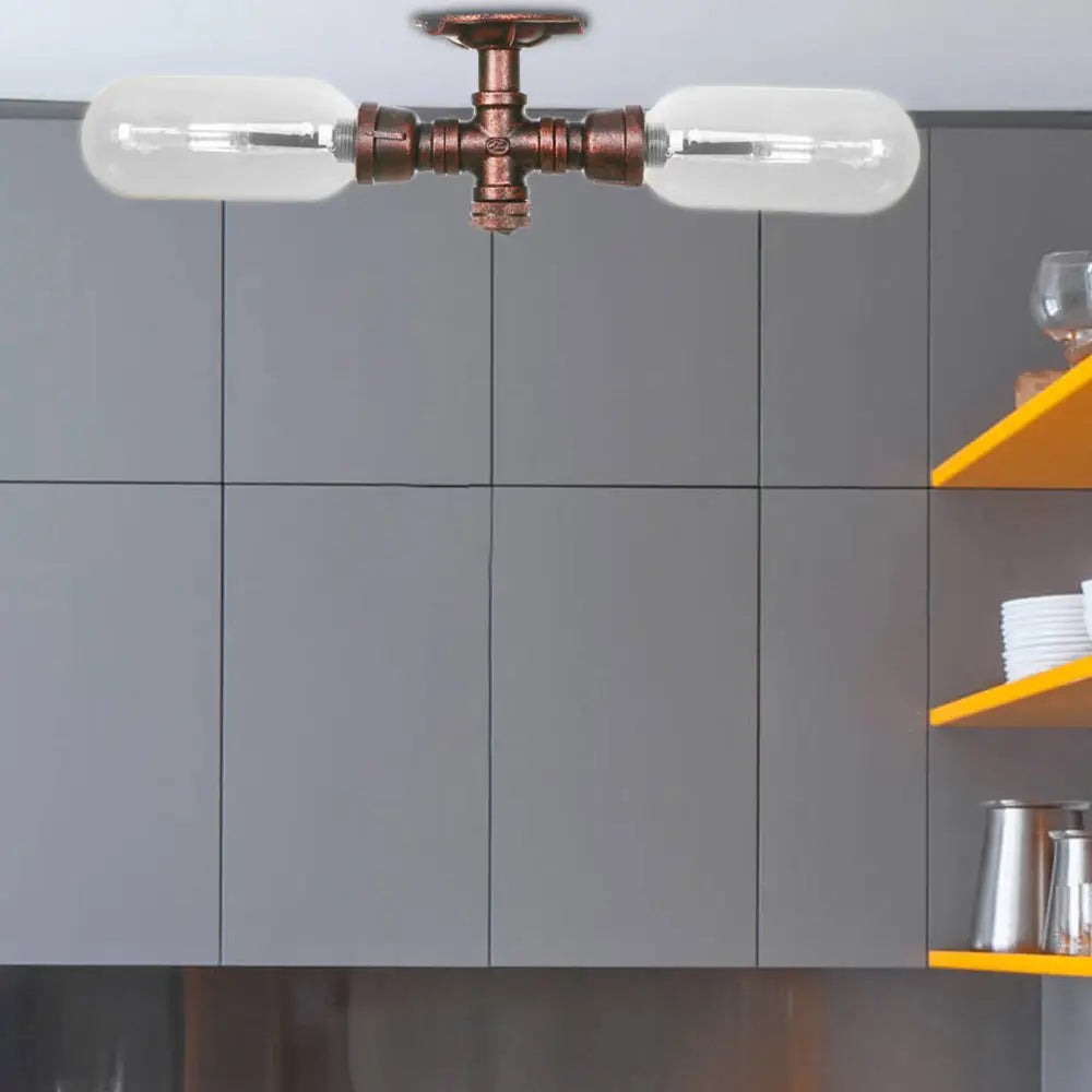 Clear Glass Weathered Copper Ceiling Lighting - Industrial Semi Flush With Pipe Design 2 Lights / D